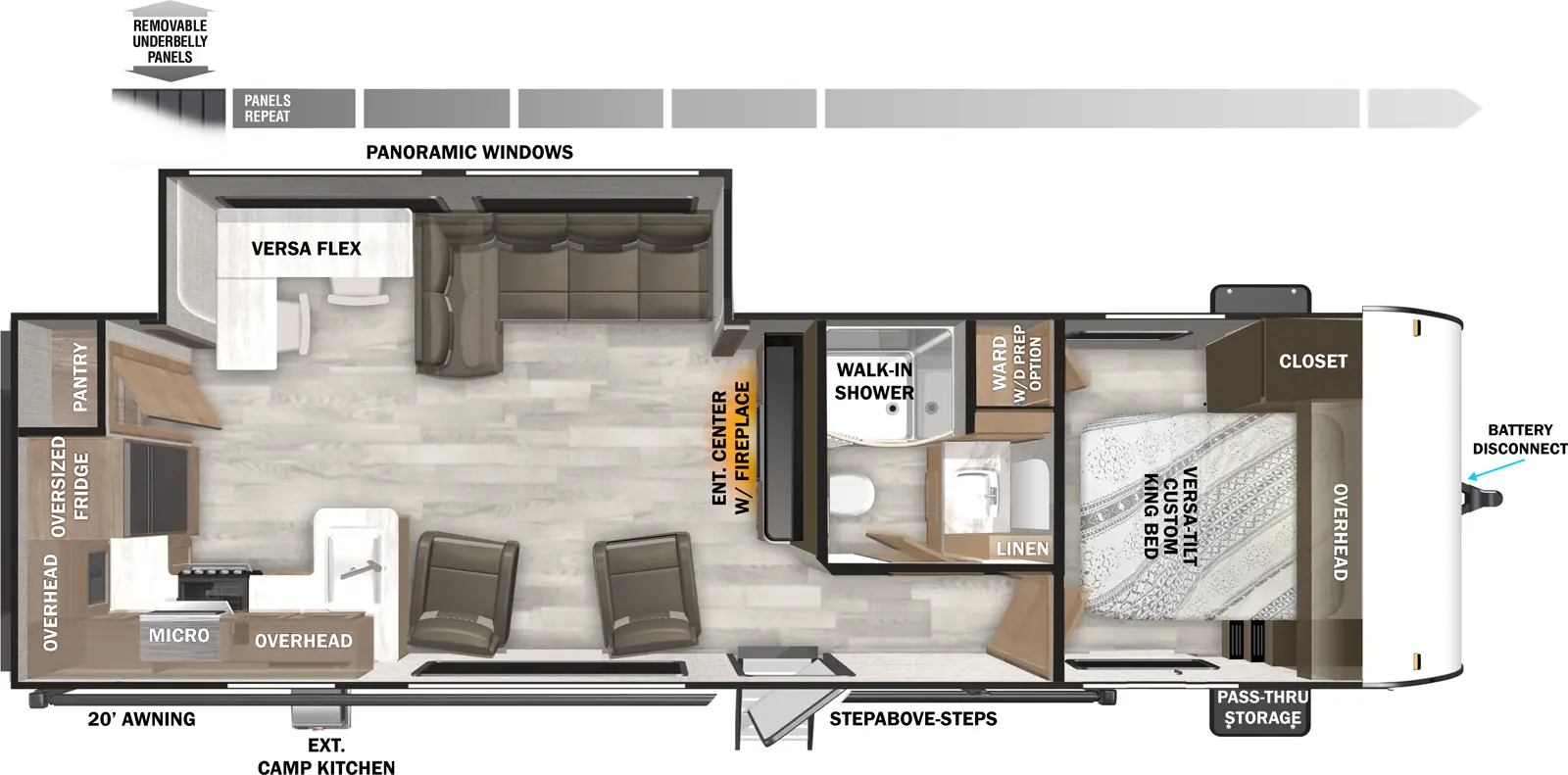 The Wildwood 27RK has one entry and one slide out. Exterior features include: metal or fiberglass exterior, 20' awning and outside kitchen. Interiors features include: rear kitchen and front bedroom.